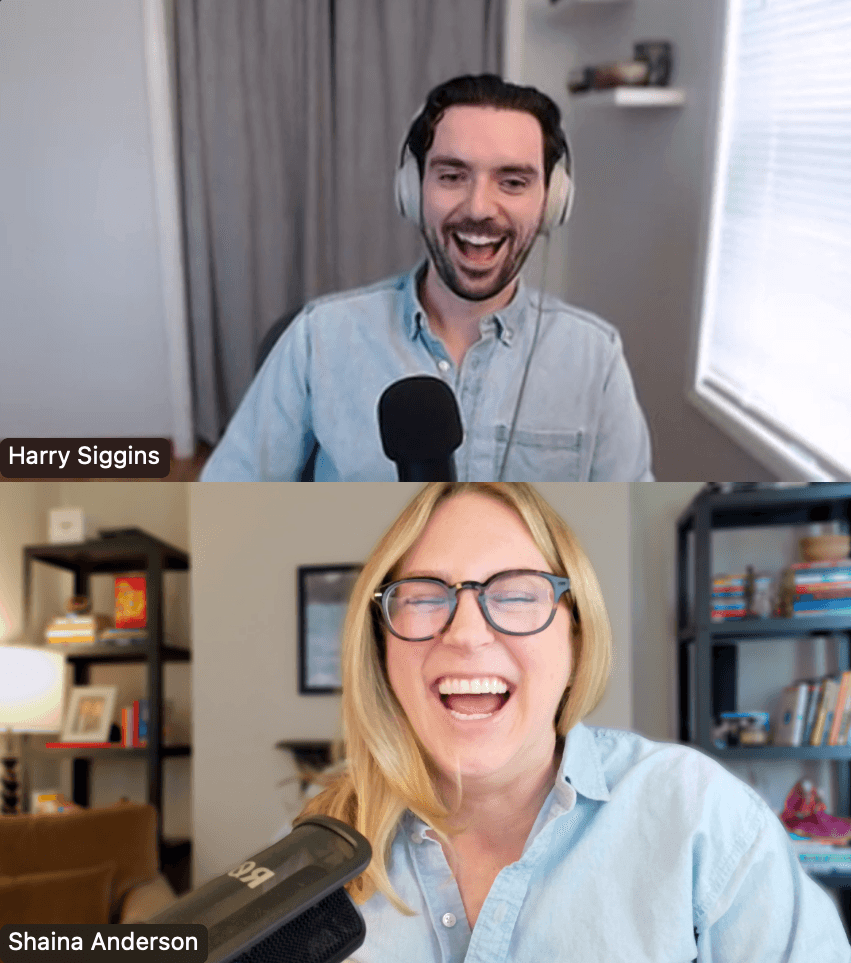 Harry Siggins and Shaina Anderson laughing during a live workshop session